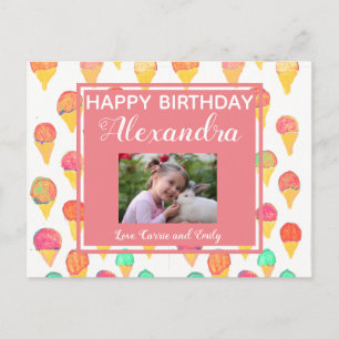 Cute Pink Girly Waterverf Happy Birthday Foto Briefkaart