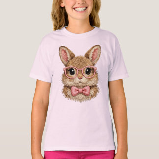 Cute Pink Glasses Bunny | Rabbit Embroidery Look - T-shirt