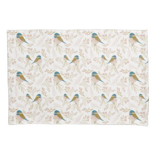 Cute Pink Gold Chickadee Bird Hearts Floral Print Kussensloop