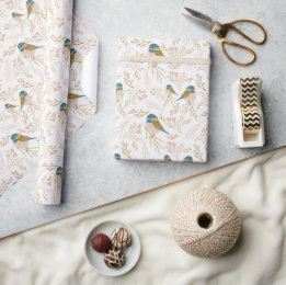 Cute Pink Gold Chickadee Hearts Floral Print Cadeaupapier