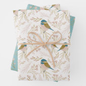 Cute Pink Gold Chickadee Hearts Floral Print Inpakpapier Vel (In situ)