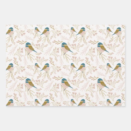 Cute Pink Gold Chickadee Hearts Floral Print Inpakpapier Vel (Voorkant)