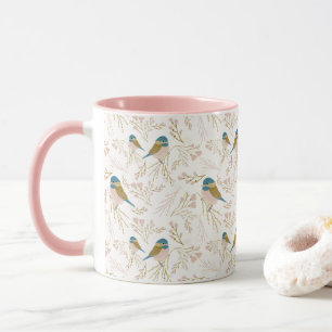 Cute Pink Gold Chickadee Hearts Floral Print Mok