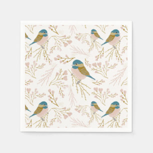 Cute Pink Gold Chickadee Hearts Floral Print Servet