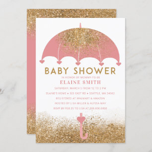 Cute Pink Gold Glitter Umbrella Baby shower Kaart