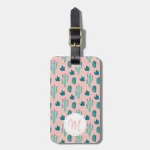 Cute Pink Green Cactus Pattern met Monogram Bagagelabel