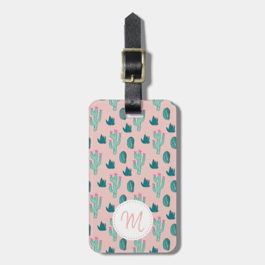 Cute Pink Green Cactus Pattern met Monogram Bagagelabel (Voorkant verticaal)