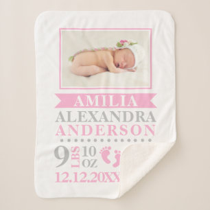 Cute Pink Grey Baby Girl Birth Stats PHOTO Soft Sherpa Deken