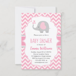 Cute Pink Grey Elephant Girl Baby shower Kaart