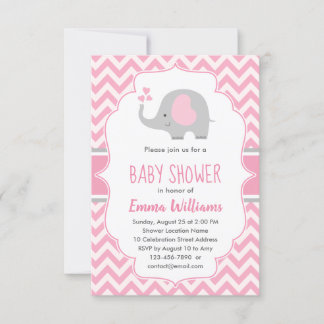 Cute Pink Grey Elephant Girl Baby shower Kaart