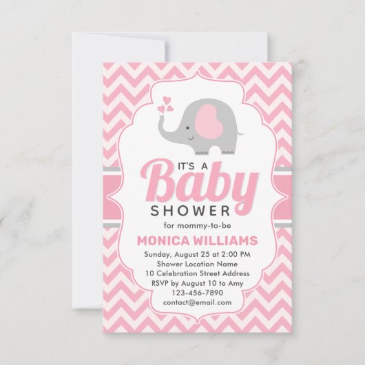 Cute Pink Grey Elephant Girl Baby shower Kaart (Voorkant)