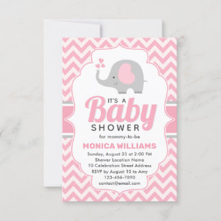 Cute Pink Grey Elephant Girl Baby shower Kaart