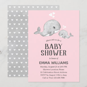 Cute Pink Grey Whale Baby shower Invitation - Girl Kaart