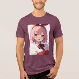 Cute Pink-Haired Anime Girl Illustration Tri-Blend Shirt