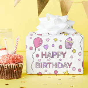 Cute Pink Happy Birthday Cupcakes, sterren en hart Cadeaupapier