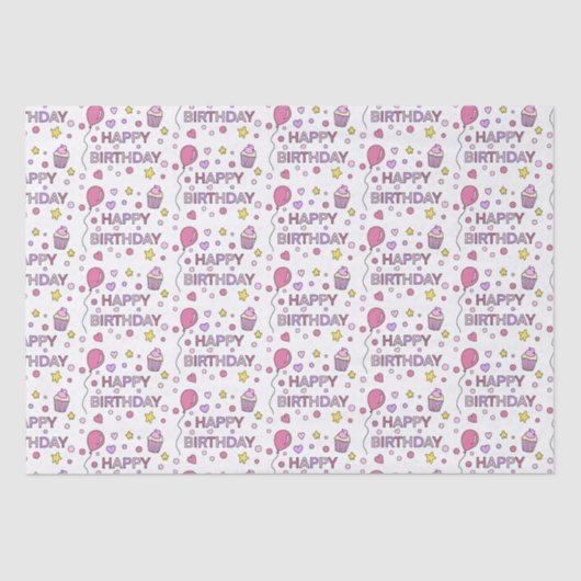 Cute Pink Happy Birthday Cupcakes, sterren en hart Tissuepapier (Voorkant)