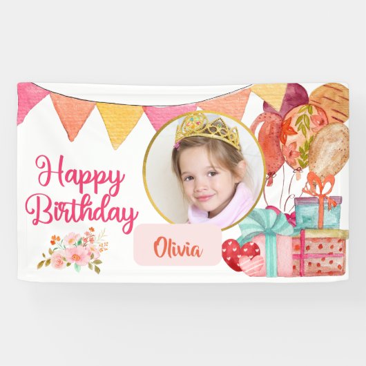 Cute Pink Happy Birthday Spandoek (Horizontaal)
