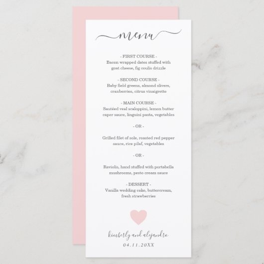 Cute Pink Heart Wedding Menu (Voorkant / Achterkant)