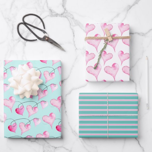 Cute Pink Hearts & Stripes Pattern Waterverf Inpakpapier Vel (Voorkant)
