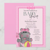 Cute Pink Hippo Baby shower Invitation Kaart (Voorkant / Achterkant)