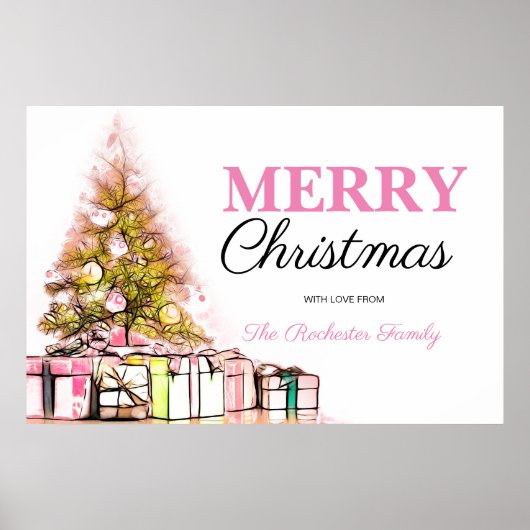Cute Pink Holiday Tree Merry Kerstparty Poster (Voorkant)