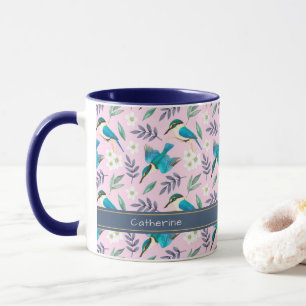 Cute Pink Kingfisher Birds Floral Pattern Name Mok