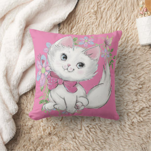 Cute Pink Kitten en Flowers Girls Kussen