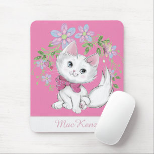 Cute Pink Kitten en Flowers Girl's Muismat