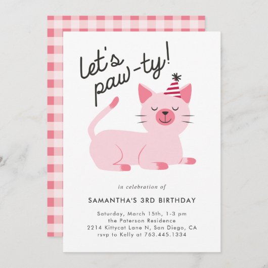 Cute Pink Kitty Cat Birthday Party Kaart (Voorkant / Achterkant)