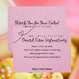 Cute Pink Kraft Heart Bread Care Instructions Bedankkaart