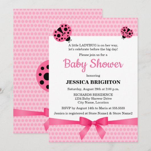 Cute Pink Ladybug Baby shower Kaart (Voorkant / Achterkant)