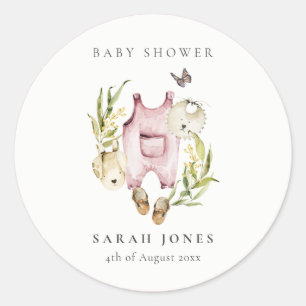 Cute Pink Leafy Foliage Girl Clothes Baby shower Ronde Sticker