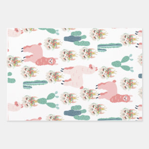 Cute Pink Llama's and Green Cactus Inpakpapier Vel