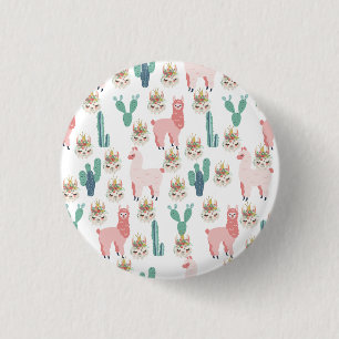 Cute Pink Llama's and Green Cactus Ronde Button 3,2 Cm