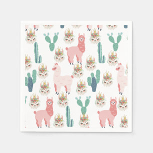 Cute Pink Llama's and Green Cactus Servet