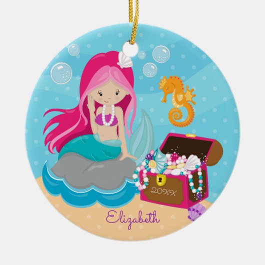 Cute Pink Mermaid Personalized kerstversiering Keramisch Ornament (Voorkant)