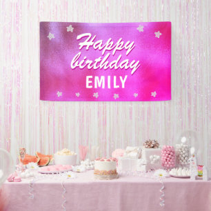 Cute Pink Metallic Star Girly Happy Birthday Spandoek