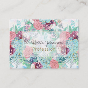 Cute Pink Mint Peony & Succulent Floral Hand Paint Visitekaartje