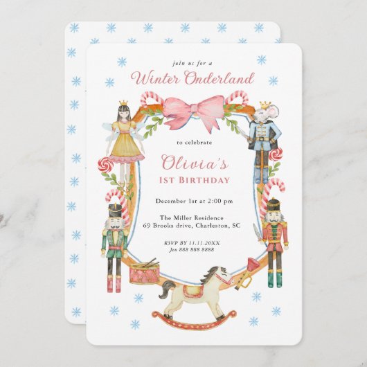 Cute Pink Nutcracker Christmas Girl 1st Birthday Kaart (Voorkant / Achterkant)