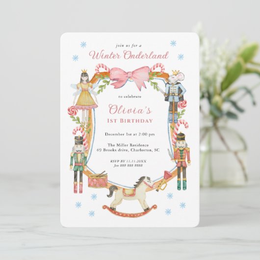 Cute Pink Nutcracker Christmas Girl 1st Birthday Kaart (Staand voorkant)