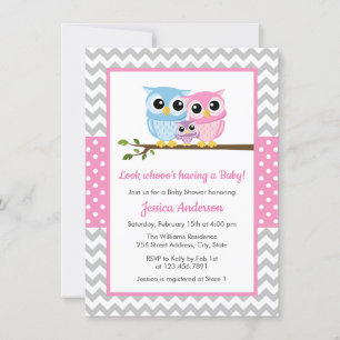Cute Pink Owl Family Gray Chevron Girl Baby shower Kaart