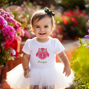 Cute Pink Owl Girl Name First Birthday Party