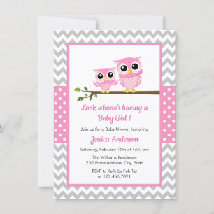 Cute Pink Owl Gray Chevron Girl Baby shower Kaart