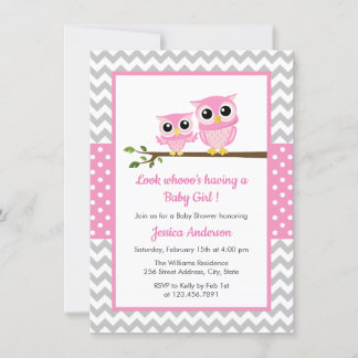 Cute Pink Owl Gray Chevron Girl Baby shower Kaart