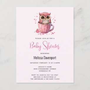 Cute Pink Owl in een Cup Baby shower Briefkaart