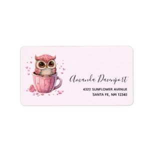 Cute Pink Owl in een Cup Etiket