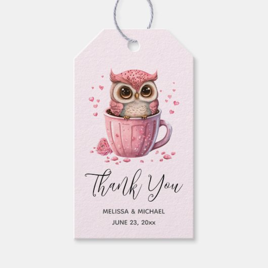 Cute Pink Owl in een Cup Evenement Dank u Cadeaulabel (Voorkant)