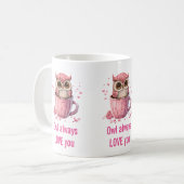 Cute Pink Owl in een Cup Funny Pun Koffiemok (Voorkant links)