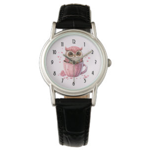 Cute Pink Owl in een Cup Horloge