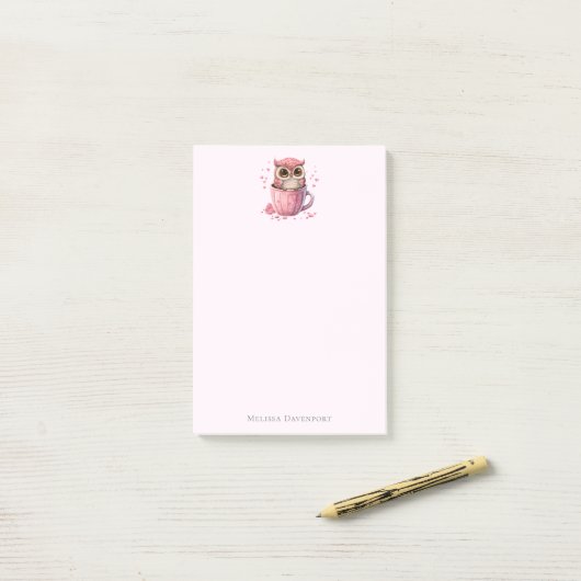 Cute Pink Owl in een Cup Post-it® Notes (Op bureau)